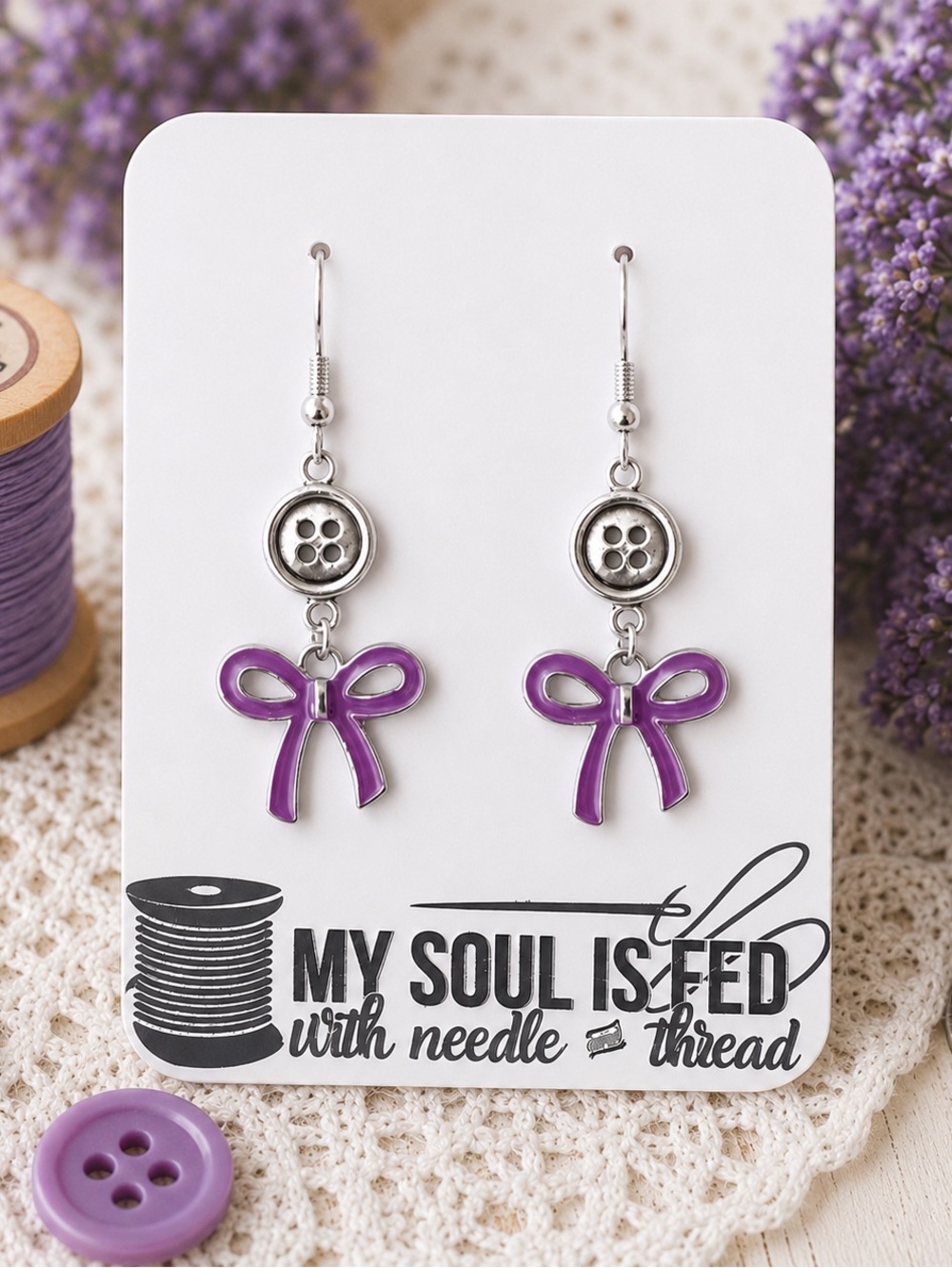 New Handmade Silver-Tone Button and Purple Bow Charm Dangle Earrings